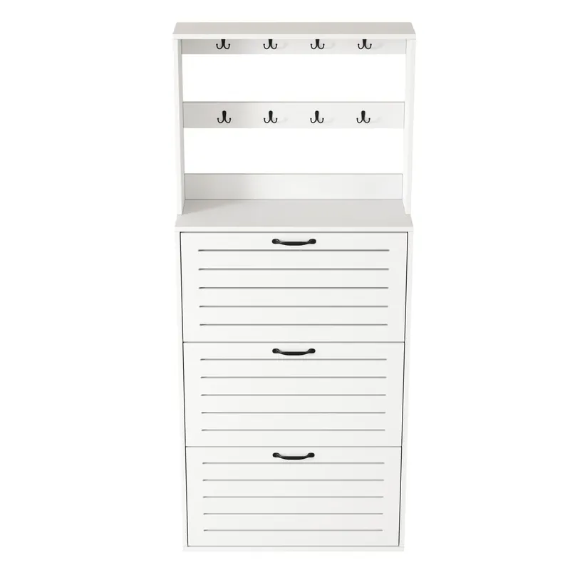 Zapatero con 3 puertas - Estante para zapatos, gancho para sombreros y bolsos - Blanco