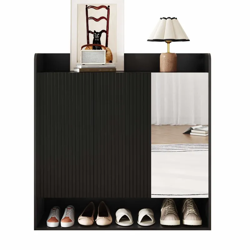 Zapatero con espejo de cuerpo entero - estructura negra con diseño vertical, multiestantes de gran capacidad para entrada - Negro