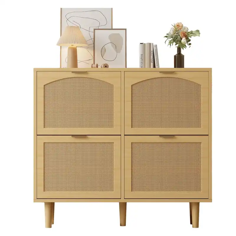 Aparador de zapatos 100×25×90 cm - 4 cajones abatibles, de ratán con asas metálicas - Madera clara