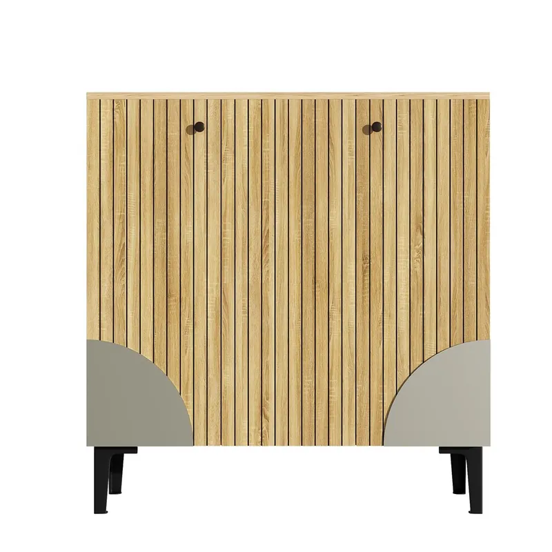 Zapatero moderno 90x32x94 cm - 3 puertas, estante, estructura negra, decoración gris - Madera clara