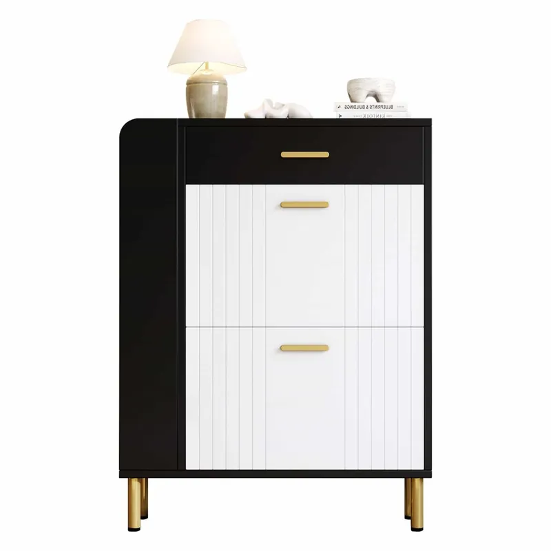 Zapatero 80x24x105 cm - 2 puertas abatibles, 1 cajón, 3 compartimentos abiertos - Blanco+Negro
