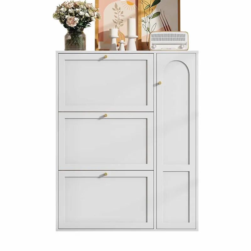 Zapatero estrecho 90x25x114 cm - 3 puertas y 1 compartimento, con separadores ajustables - Blanco