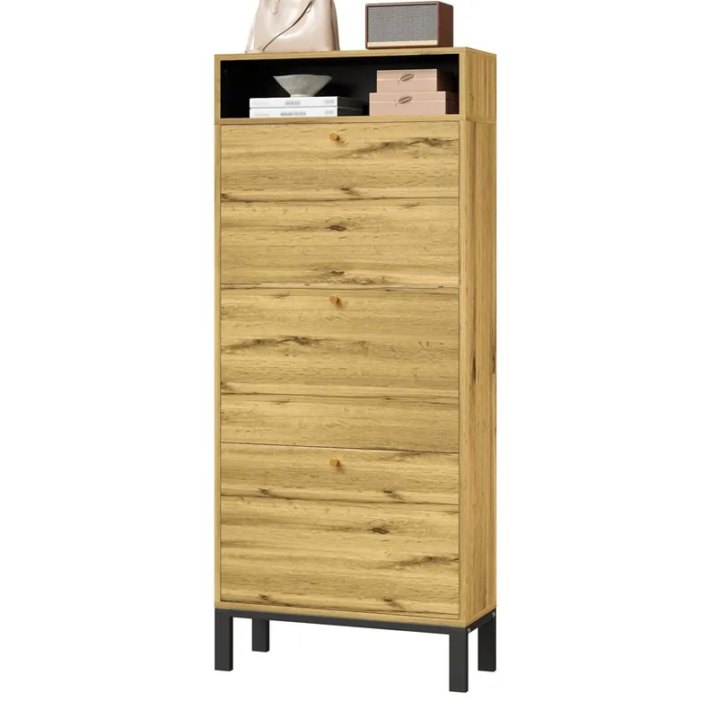 Zapatero alto 147 cm - 3 puertas abatibles con compartimentos - Natural