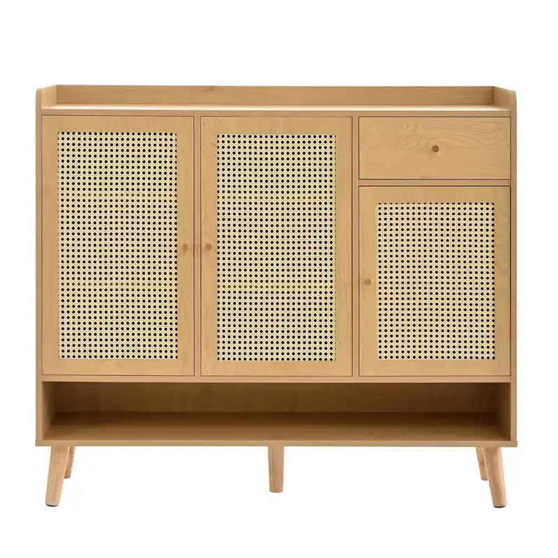 Zapatero de Ratan Natural 120x106x35 cm - 3 puertas, 1 cajón, 5 estantes, madera maciza