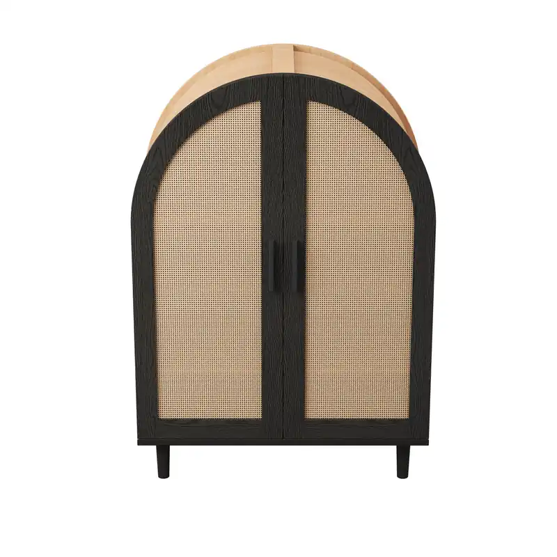 Aparador zapatero 3 estantes - puertas de ratán, diseño redondeado - Natural+Negro