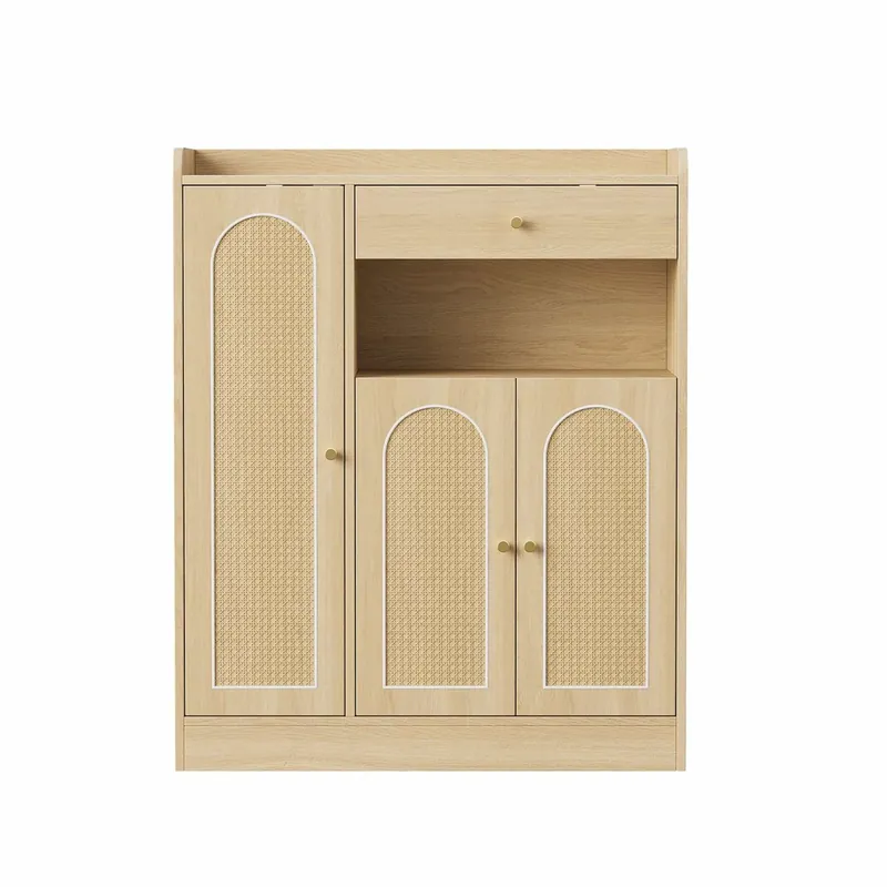Zapatero de ratán 90x35x110 cm - 1 cajón, 3 puertas con estantes ajustables, armario de almacenamiento para recibidor, comedor y pasillo - color madera natural