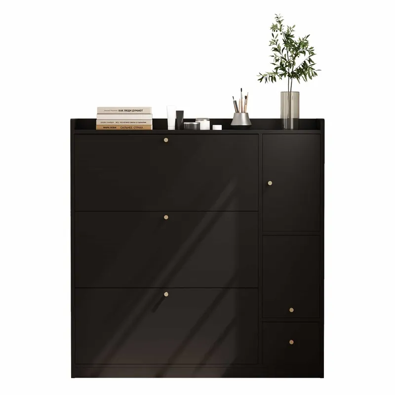 Zapatero abatible 119x24x122 cm - 3 cajones abatibles, organizador de entrada con cajón, banco abatible independiente para pasillo - negro