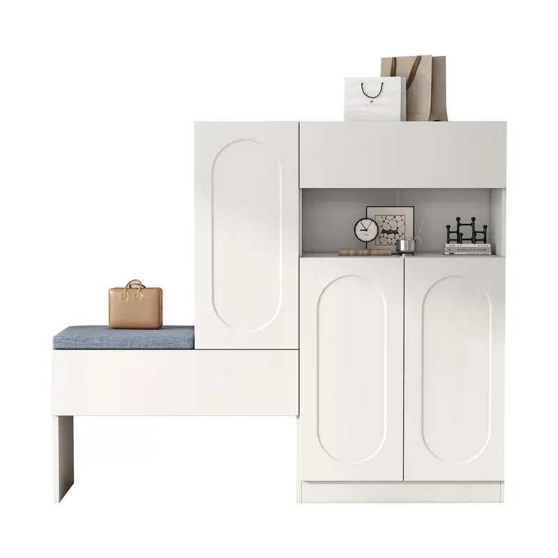 Zapatero 130x35x110 cm - 2 en 1 con puertas curvas, Soft-Close, estantes ajustables, asiento acolchado - Blanco
