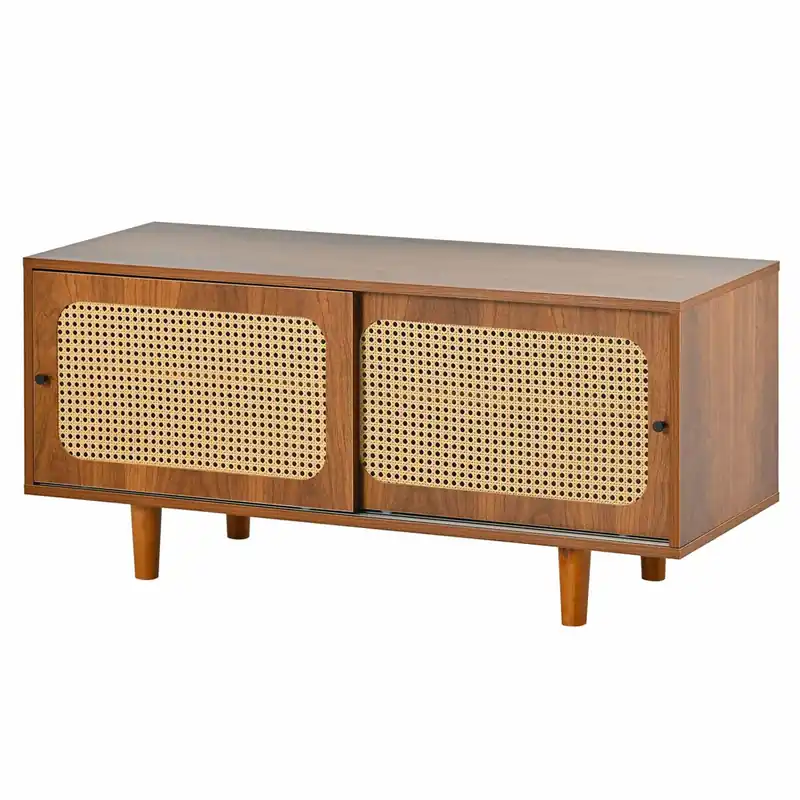 Conjunto mueble de salón - Combinación de cómoda de ratán y zapatero, color nogal