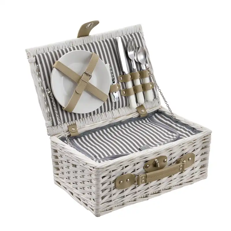 [casa.pro] Cesta de pícnic para 2 personas con nevera, cubiertos, platos, vasos - blanca