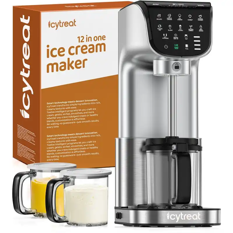 IcyTreat IC-1010 EU 12 en 1 Máquina de Helados - Certificación CE Potencia 500 W Capacidad 568 ml Incluye 3 recipientes de Tritan para helado - Plateado