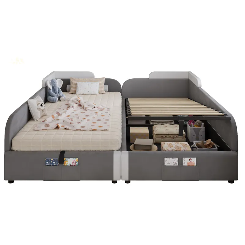 2 camas con almacenaje,cama infantil de terciopelo 2x90x200cm,gris - Descanso