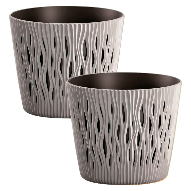 2x Maceta redonda de plastico Sandy Round en color gris 18,9 (largo) x 18,9 (ancho) x 16,5 (alto) cm - Decoración