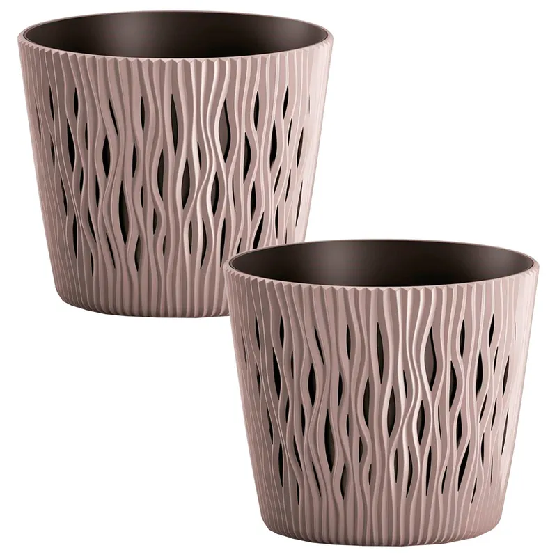 2x Maceta redonda de plastico Sandy Round en color mocca 12 (largo) x 12 (ancho) x 11,1 (alto) cm - Decoración