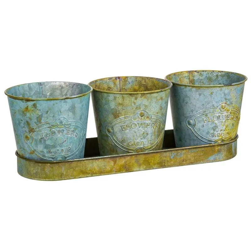 3 Cubos de metal y Bandeja tray verdes - Jardín