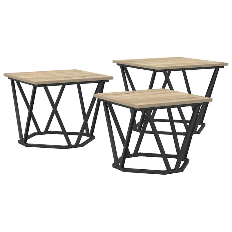 3 pzs Mesas de Café - Mesas de Centro Roble Sonoma Madera Ingenierizada y Acero