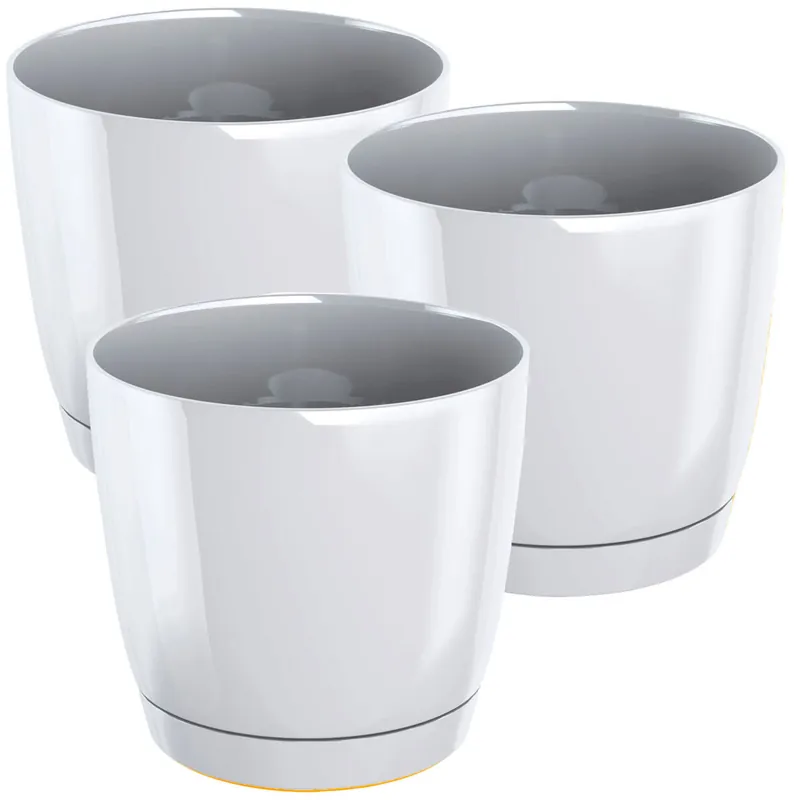 3x Maceta redonda de plastico Coubi Round P en color blanco 21 (largo) x 21 (ancho) x 19,3 (altura) cm - Decoración