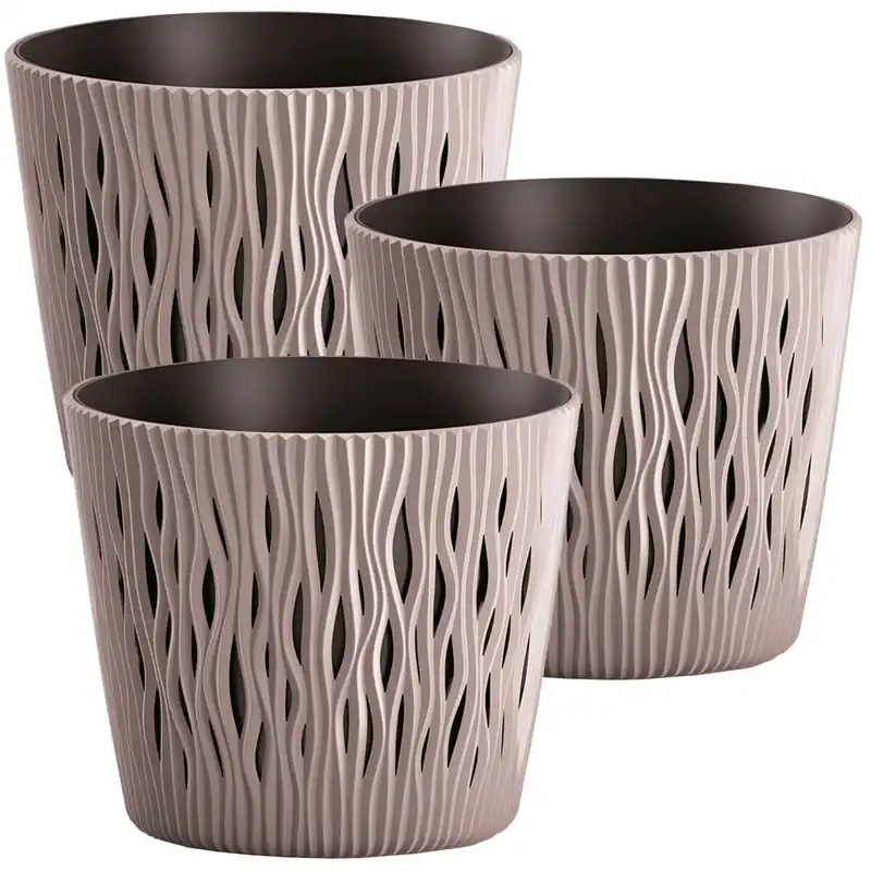 3x Maceta redonda de plastico Sandy Round en color mocca 12 (largo) x 12 (ancho) x 11,1 (alto) cm - Decoración