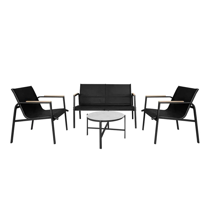 Acomoda Textil – Conjunto Jardín de Sofá + 2 Sillones + Mesa de Acero Resistente, Decorativo y Ligero. Asiento para Exterior en Patio, Balcón y Terraza de Fácil Instalación. (Negro, 4 Piezas)