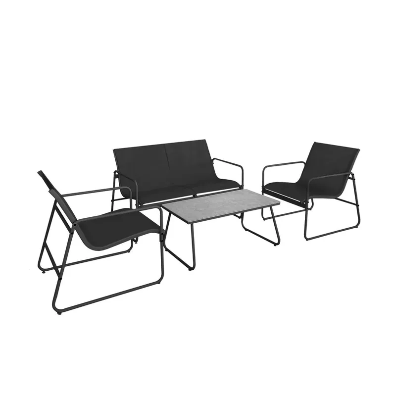 Acomoda Textil – Conjunto Jardín de Sofá + 2 Sillones + Mesa de Acero Resistente, Decorativo y Ligero. Asiento para Exterior en Patio, Balcón y Terraza de Fácil Instalación. (Negro, 4 Piezas)