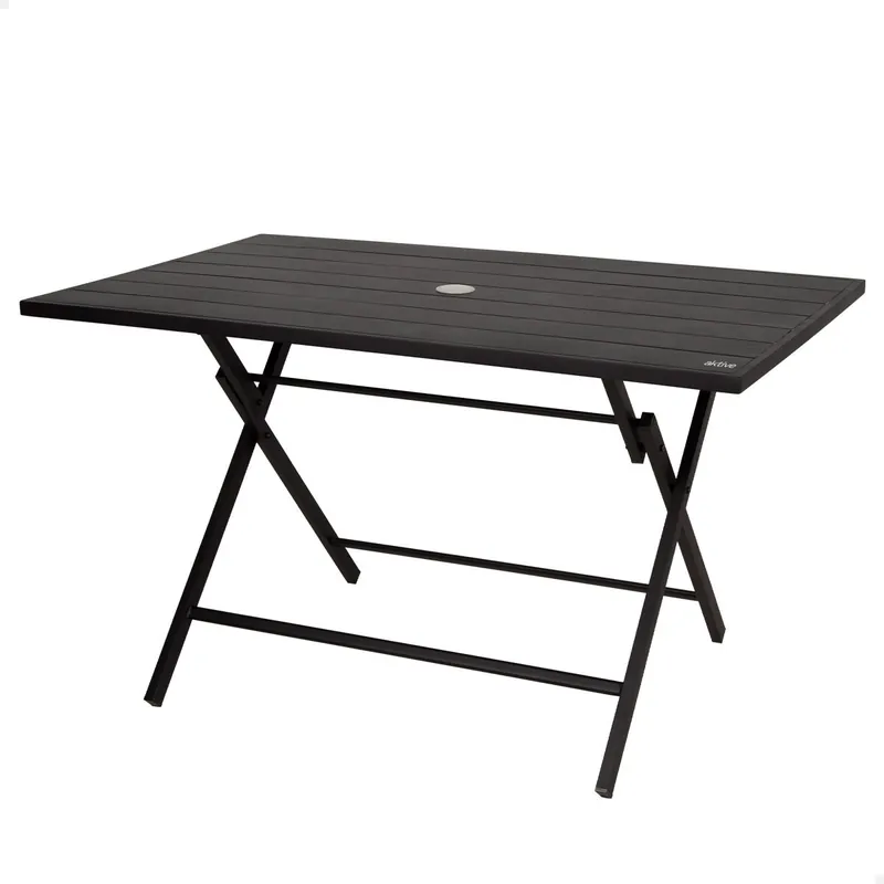Aktive Mesa plegable de jardín de acero negro 4 personas con agujero para sombrilla 120x75x70 cm