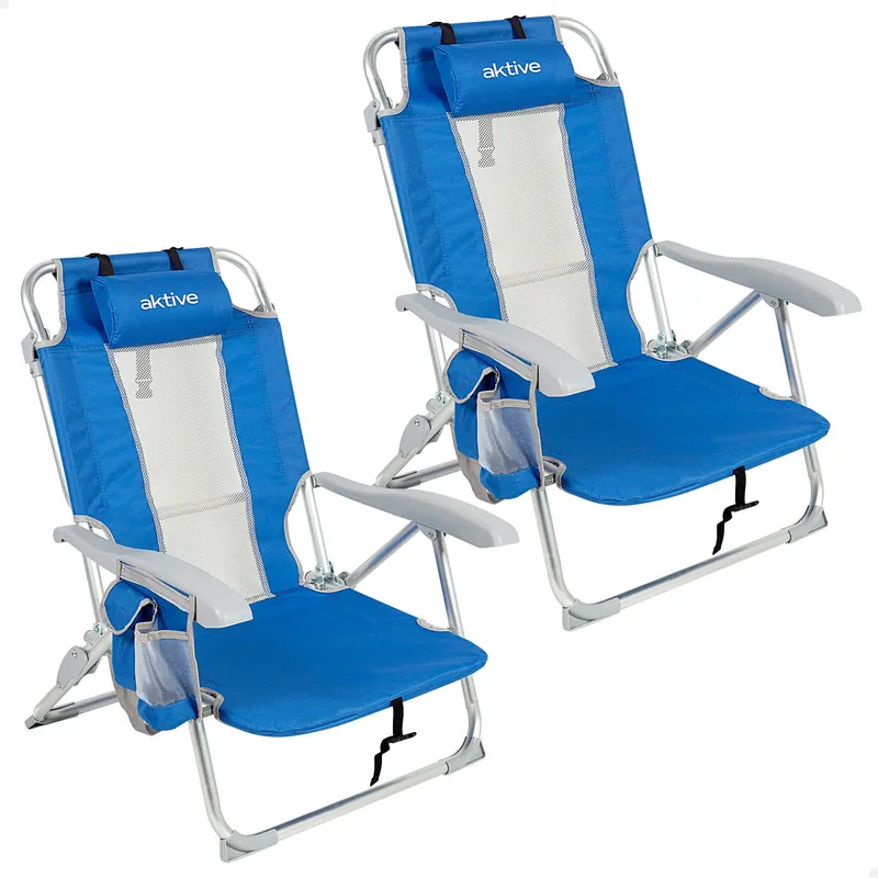 Aktive Pack 2 sillas playa plegables y multiposición azul con rejilla - Jardín