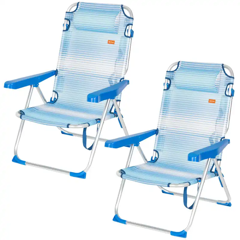 Aktive Pack 2 sillas plegables playa 48x60x90 cm rayas azul 5 posiciones con cojín y asa - Jardín