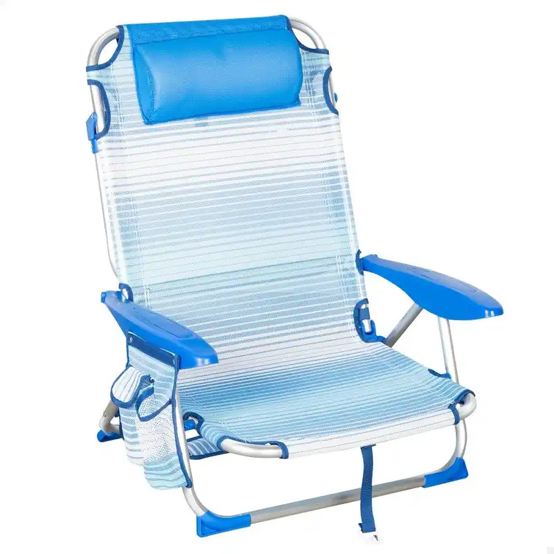 Aktive Silla de playa baja plegable y reclinable 4 posiciones rayas azul c/bolsillo, cojín, asa y cierre de seguridad - Jardín