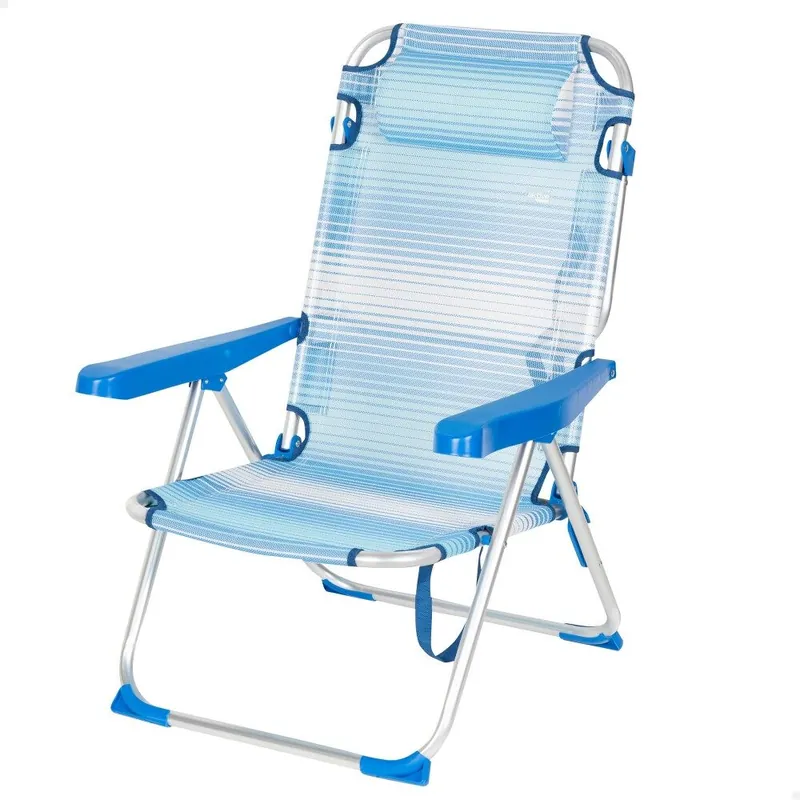 Aktive Silla de playa plegable y reclinable 5 posiciones rayas azul c/cojín y asa hombro - Jardín
