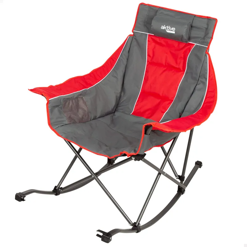 Aktive Silla mecedora plegable camping gris y roja c/cojín y bolsillos - Jardín