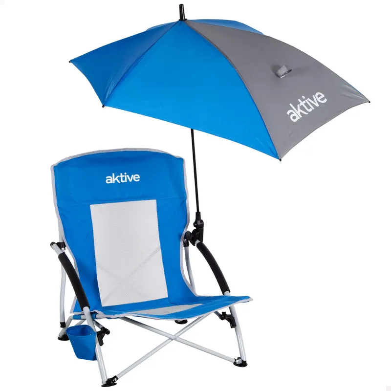 Aktive Silla plegable con sombrilla y posavasos 50x49x65 cm azul - Jardín