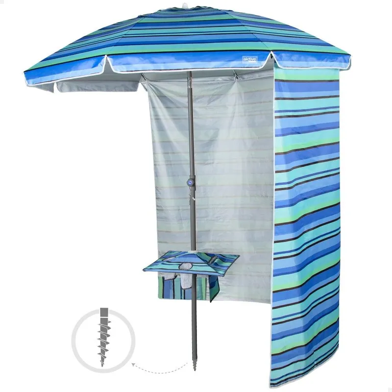 Aktive Sombrilla playa antiviento 210 cm rayas azules con pared y mesa - Jardín