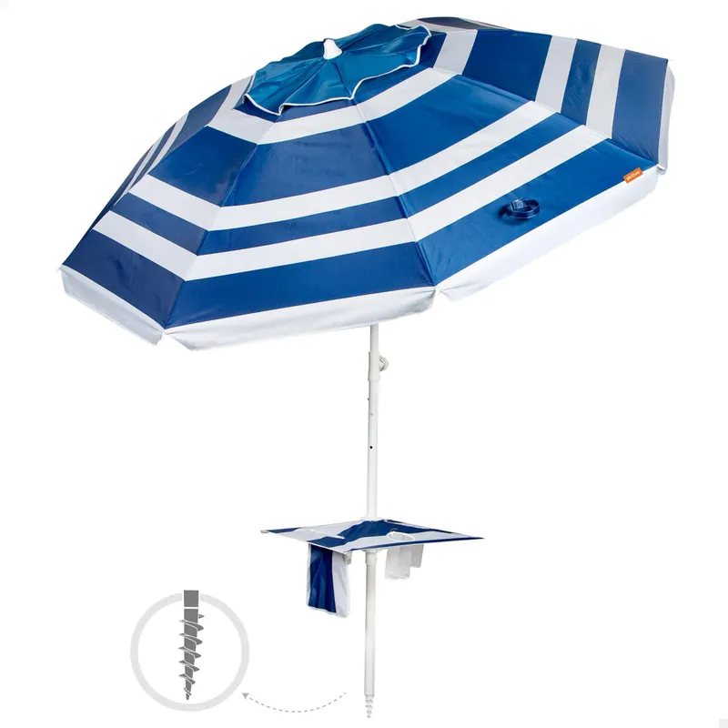 Aktive Sombrilla playa antiviento 8 varillas 210 cm rayas azules con mesa - Jardín