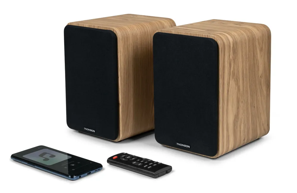 Altavoces de estantería Juego de 2 altavoces con caja de madera 100W- Bluetooth 5.0 - 2 salidas RCA Madera clara WS602DUO THOMSON