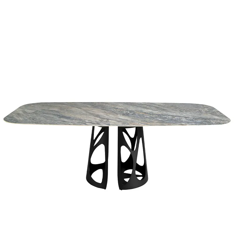 ANGEL CERDA Mesa comedor ovalada barril mármol porcelánico y acero negro - Muebles