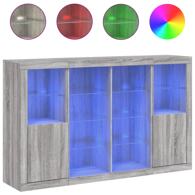 Aparador - Mueble de almacenamiento con luz LED 3 pzas madera de ingeniería gris hormigón es2098