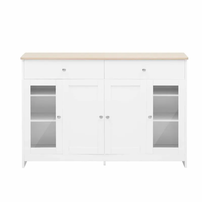 Aparador - 4 puertas, 2 cajones - veta de madera blanca, puerta de cristal, salón y comedor - Blanco