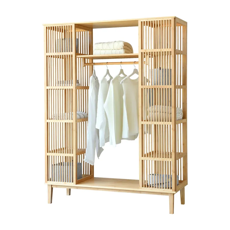 Armario para Ropa Hudiksvall con 2 puertas deslizantes bambú 185 x 140 x 45 cm natural [en.casa] - Decoración