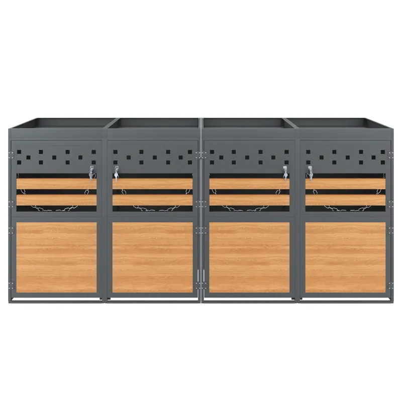 Caja para cubos de basura 4 unidades - con techo de plantas, 120-240 litros - puerta gris con aspecto madera