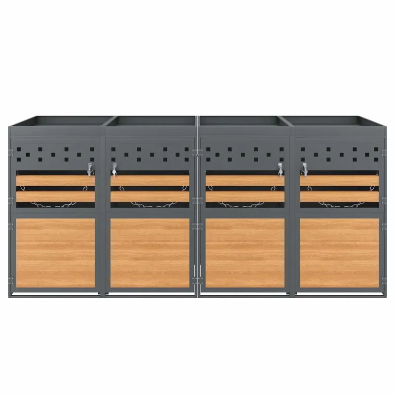 Caja para cubos de basura 4 unidades - con techo de plantas, 120-240 litros - puerta gris con aspecto madera