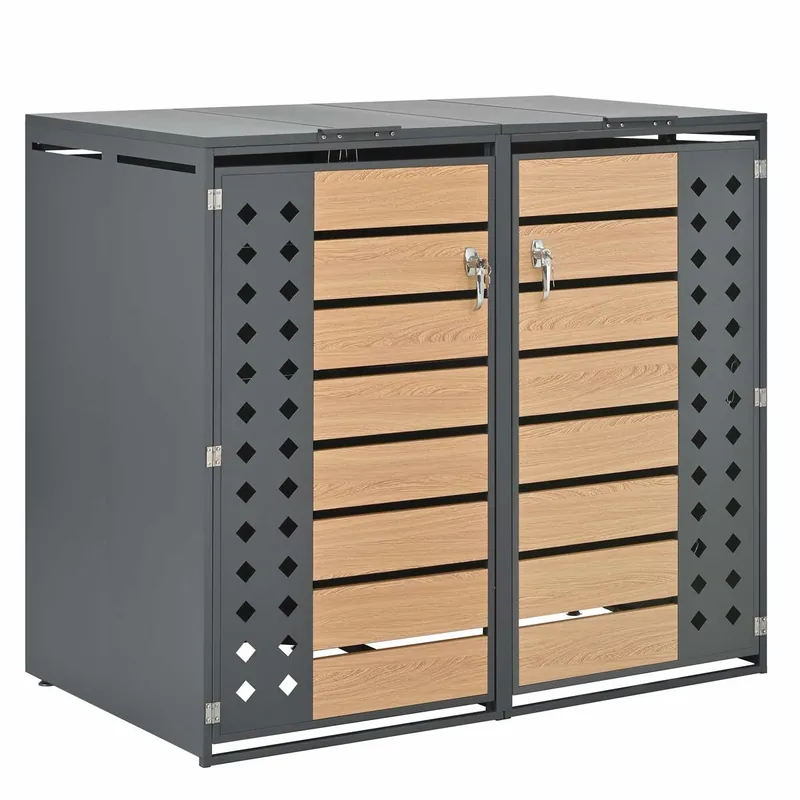 Caja para basuras - 2 puertas, cerrable, tapa abatible, panel de puerta en forma de diamante - Gris, Madera