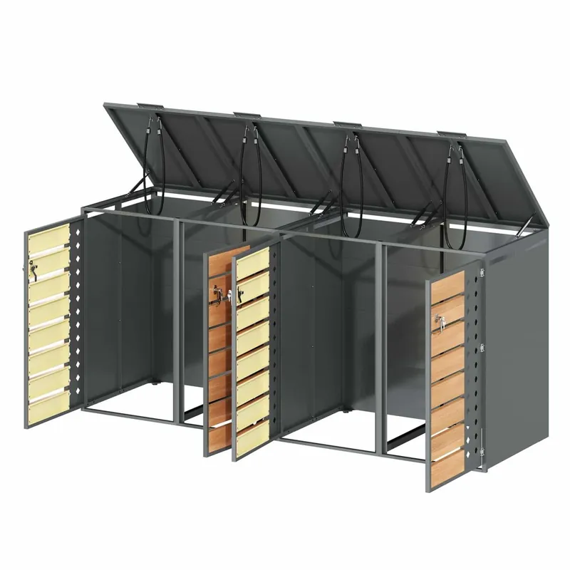 Caja para basuras 132x80x118 cm - Con tapa abatible, compartimentos de almacenamiento, cerradura, cuatro puertas, panel de puerta con diseño de diamante - Gris, Madera