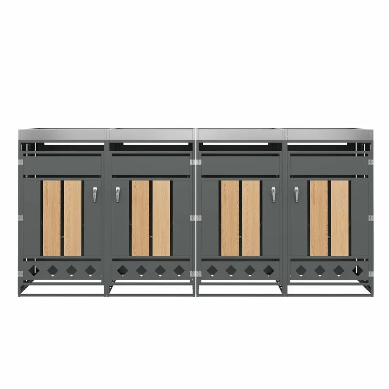 Caja para basuras con compartimentos de almacenamiento - Con agujeros de ventilación en forma de rombo, 4 puertas, área para plantas, paneles de puertas con vetas de madera verticales - Gris, Madera