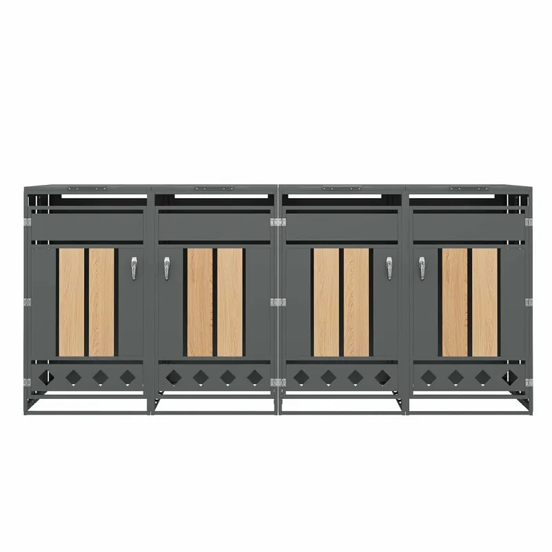 Caja para basuras con tapa abatible - Compartimentos de almacenamiento para basura, Cerradura, Cuatro puertas, Panel de puerta con vetas de madera vertical, Base hueca en forma de rombo - Gris, Madera