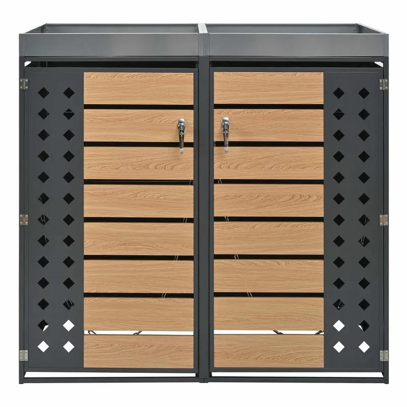 Caja para basuras - Paneles de madera horizontal - Compartimentos para almacenamiento de basura - Cerradura - Dos puertas - Área para plantas - Panel de puerta con patrón diamante - Gris, Madera