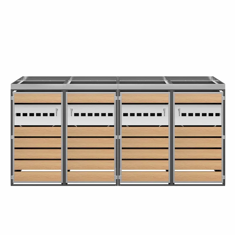 Caja de basuras con ventilación - 4 puertas, compartimentos de almacenamiento, cerrable, área para plantas - Gris, Madera