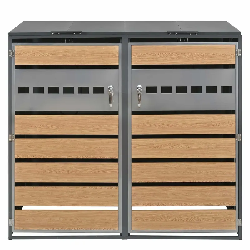 Caja para basuras con tapa abatible - Compartimentos de almacenamiento, Cerradura, Dos puertas - Gris, Madera