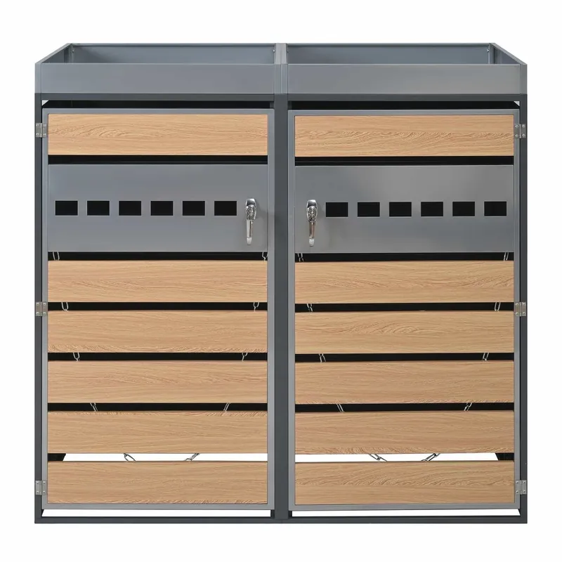 Caja para cubos de basura - Con compartimentos de almacenamiento - Cerradura, dos puertas, superficie para plantas, con ventilación - Gris, Madera
