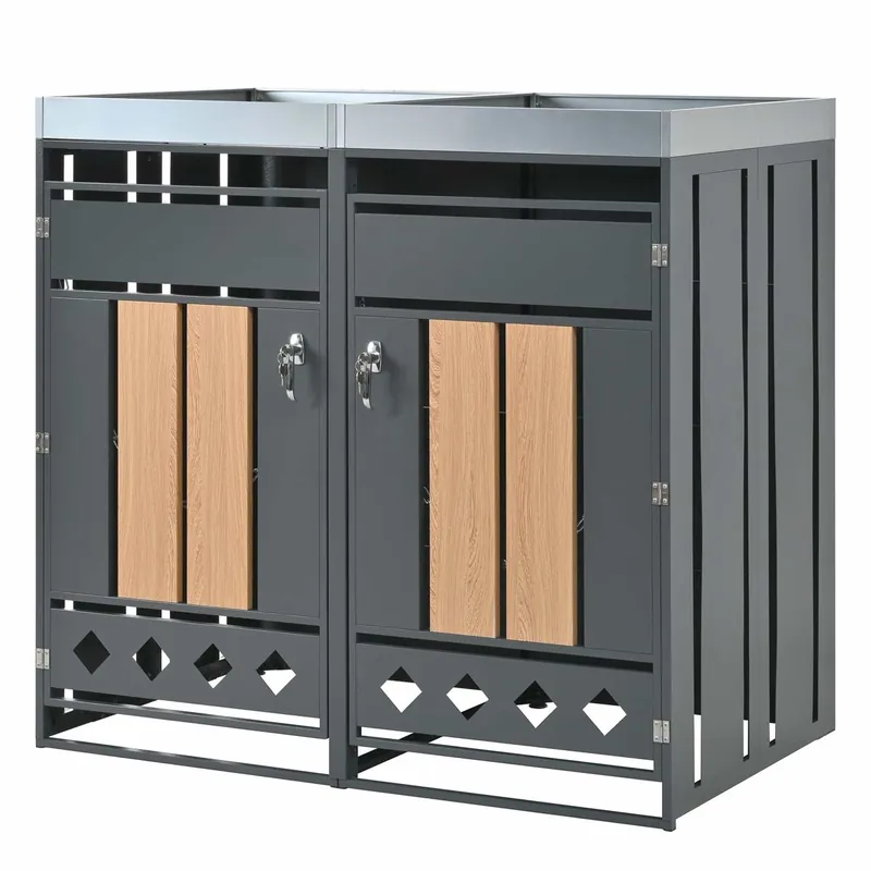 Caja de basuras - Compartimentos de almacenamiento - Cerrable, Dos puertas, Área de plantación, Panel de puerta con vetas verticales de madera, Zócalo hueco en forma de diamante - Gris, Madera