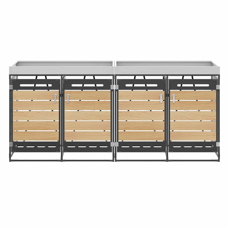 Caja para basura grande - con macetero, listones de madera horizontal, ventilación perforada, armario de jardín de hierro con cerradura - Negro